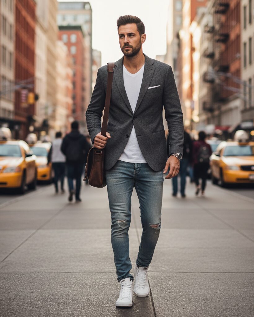 Street-style image of a man mixing a formal jacket with sneakers in an urban city background