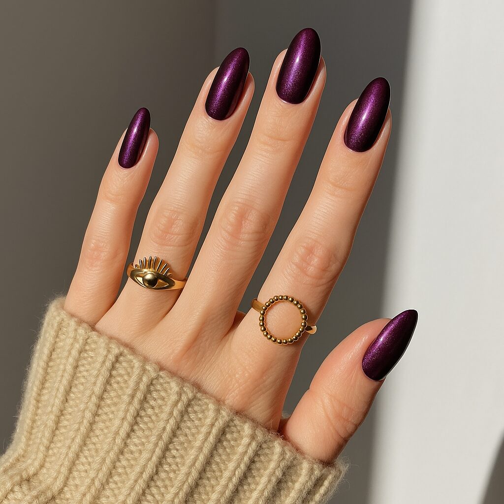 Long shimmery eggplant purple nails with glossy fall finish.