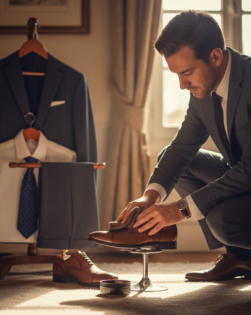 Man polishing classic brown leather shoes beside a wooden hanger and suit in warm natural lighting