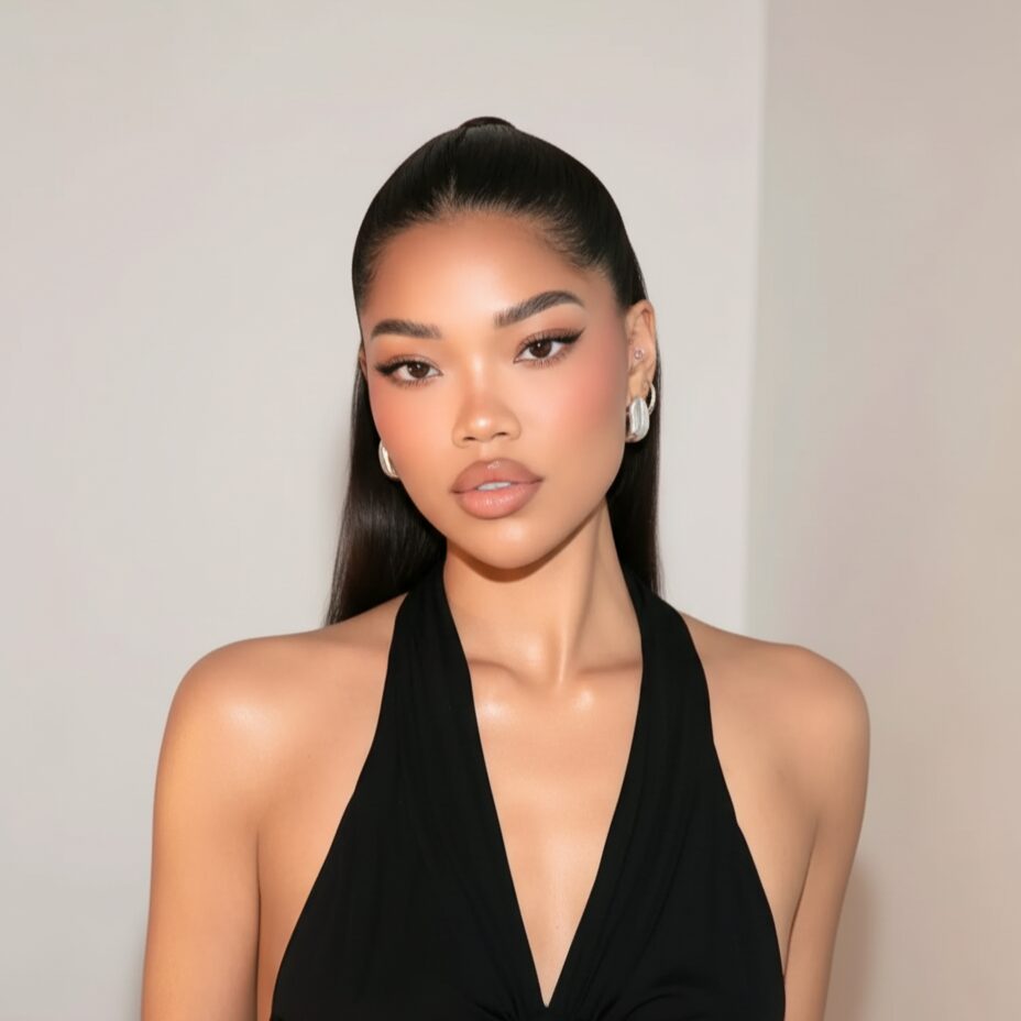Model wearing pink monochromatic makeup on eyes, cheeks, and lips with bold brows and defined eyes.