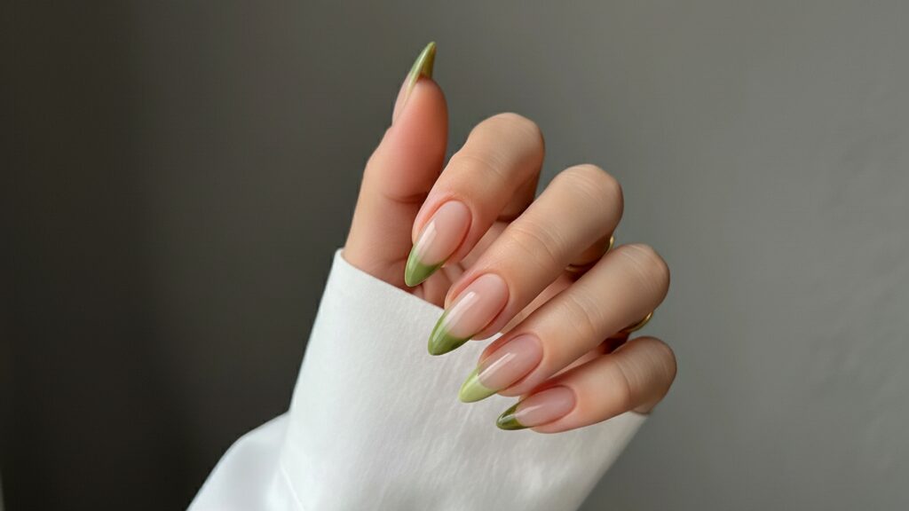 Almond-shaped French manicure with pistachio green tips and glossy nude pink base.