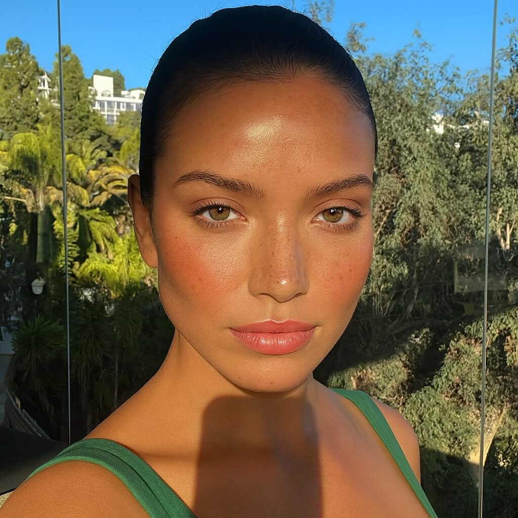 Woman in sunlight wearing tinted moisturizer, cream blush on cheeks, and shiny lip gloss for natural vacation makeup