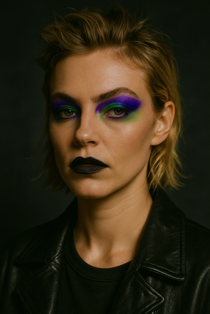 Bold soft grunge makeup with neon purple and green eyeshadow, punk-inspired glam, and moody editorial style.