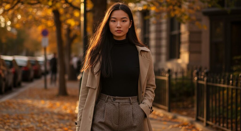 black turtleneck bodysuit with wool pants and beige trench coat, office basics style