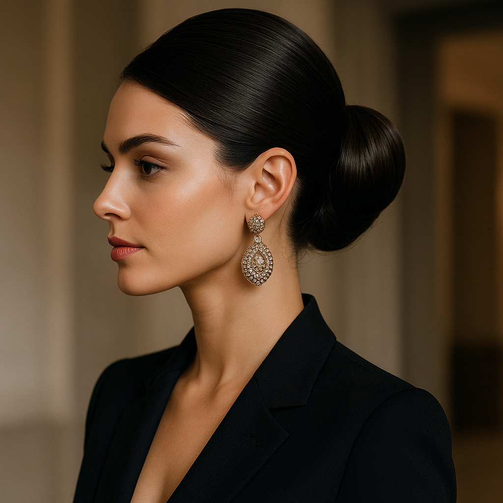 Elegant polished updo with glossy bun and statement earrings.