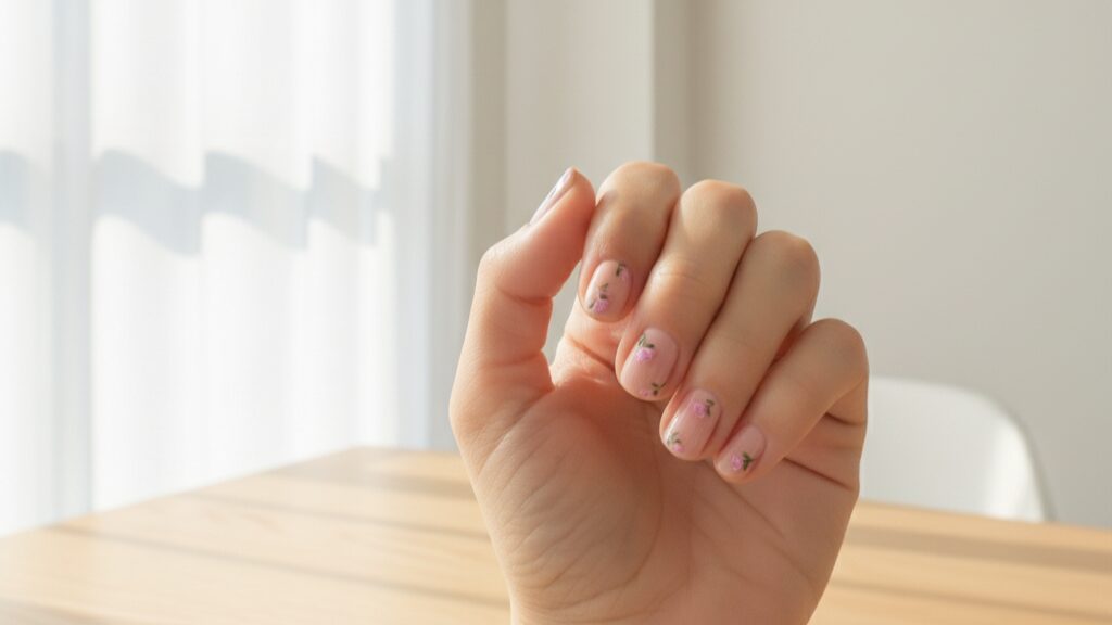 Creamy base nails with tiny hand-painted roses, leaves, and princess cake color palette