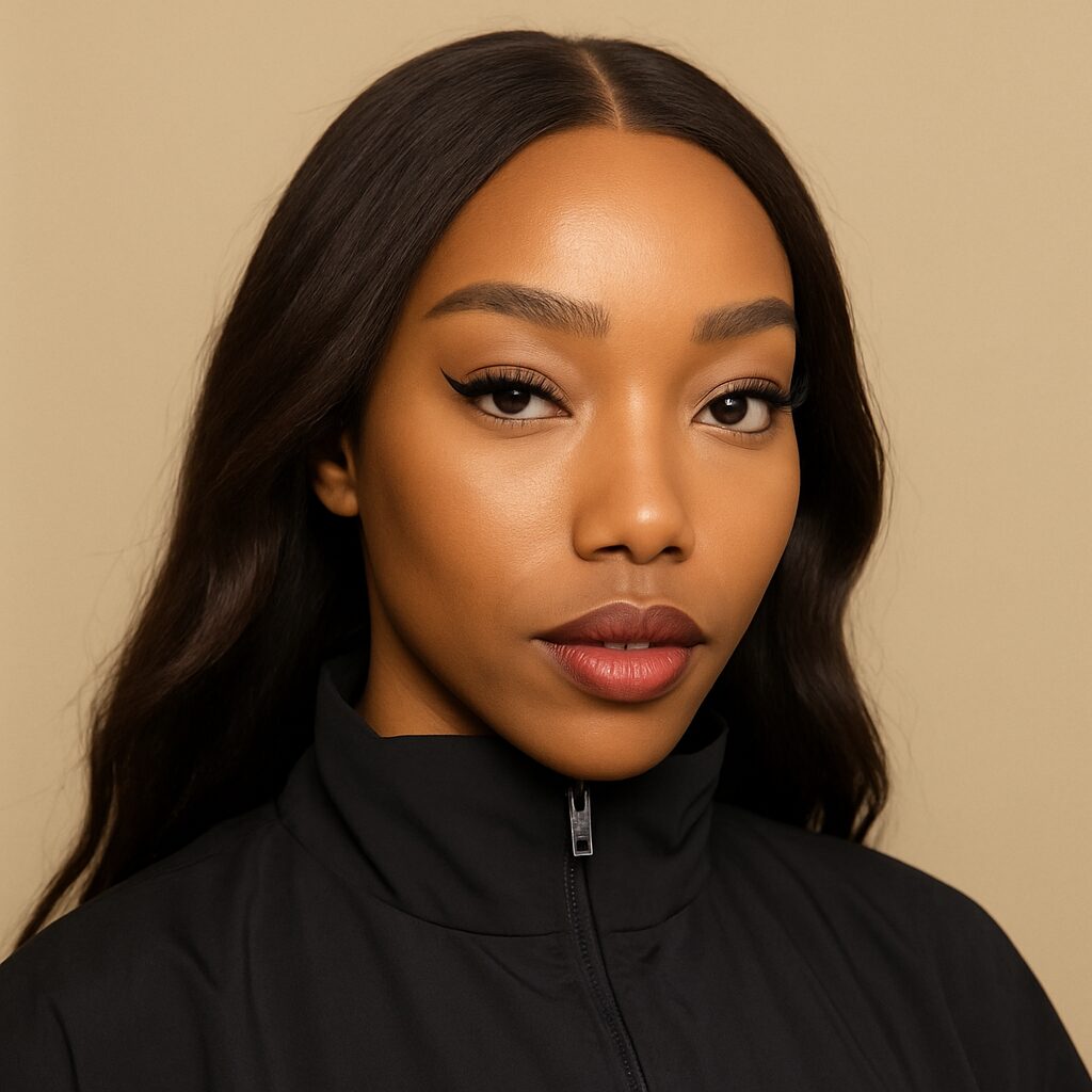 Model with sculpted vacation makeup look, contoured cheekbones, thick eyeliner, and glossy cranberry lips