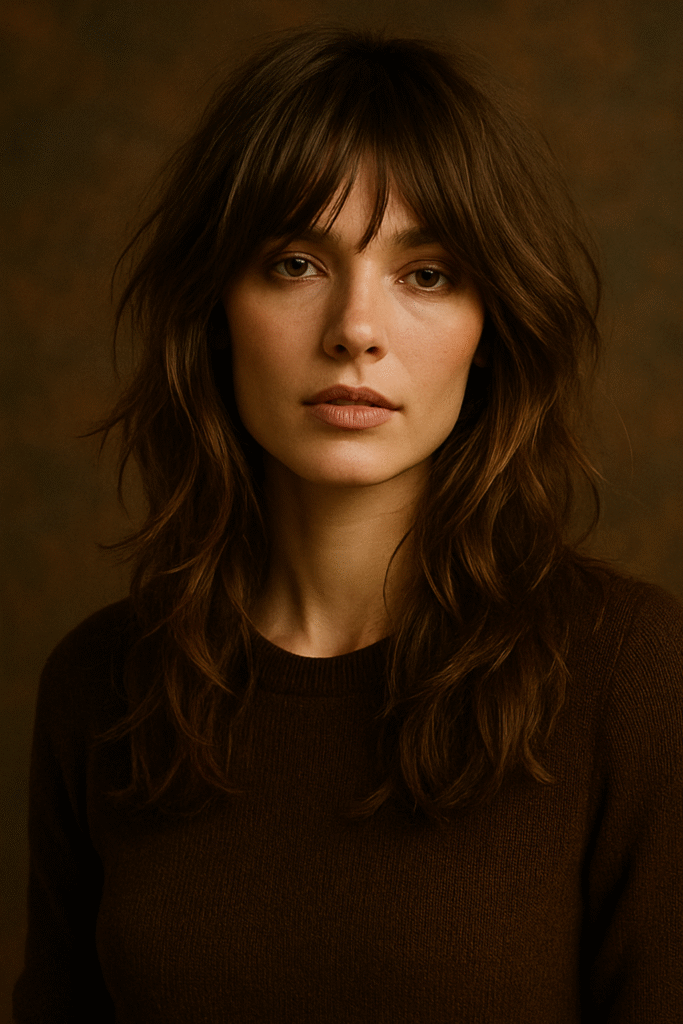 Long shaggy layered haircut with tousled waves and natural fall movement.
