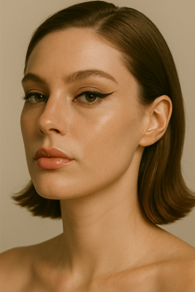 Soft grunge eyeliner look with razor-sharp winged liner and glossy nude lips, moody makeup aesthetic.”