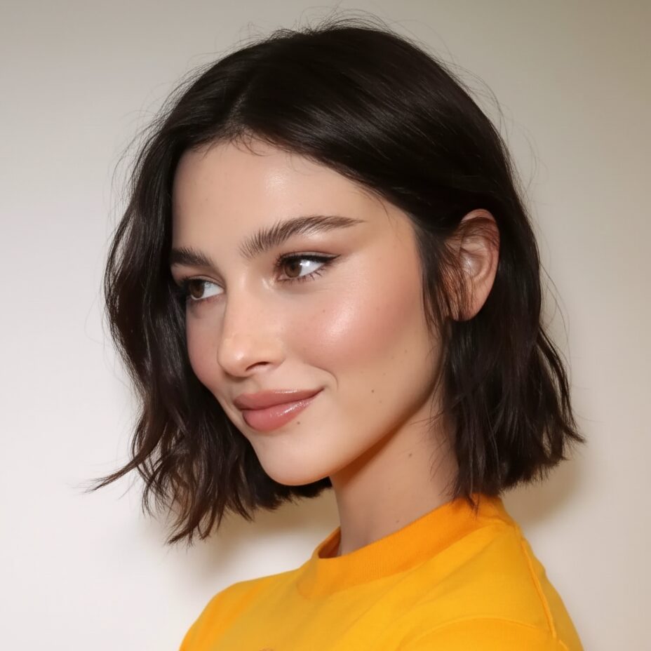 Natural makeup look showing freckles with light coverage base, soft lips, and subtle mascara.