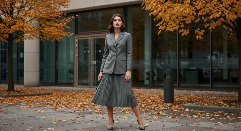 pleated gray skirt suit with heels, modern fall office outfit