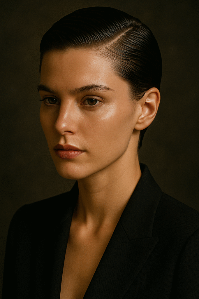 Sleek short haircut with slicked-back glossy finish and minimalist style