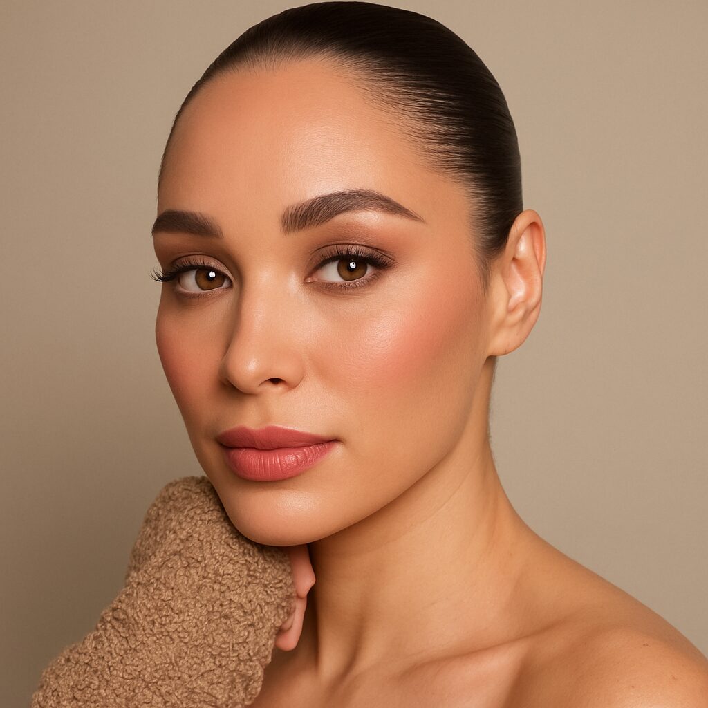 Model with soft glam vacation makeup featuring smoky eyeshadow, light contour, and defined lip color.