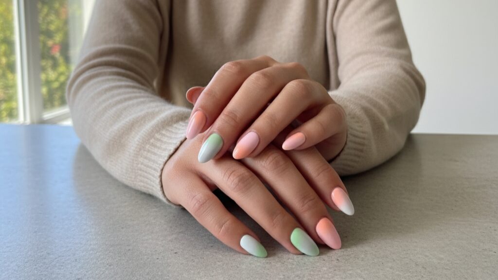 Pink and green ombré nails blending princess cake-inspired colors.