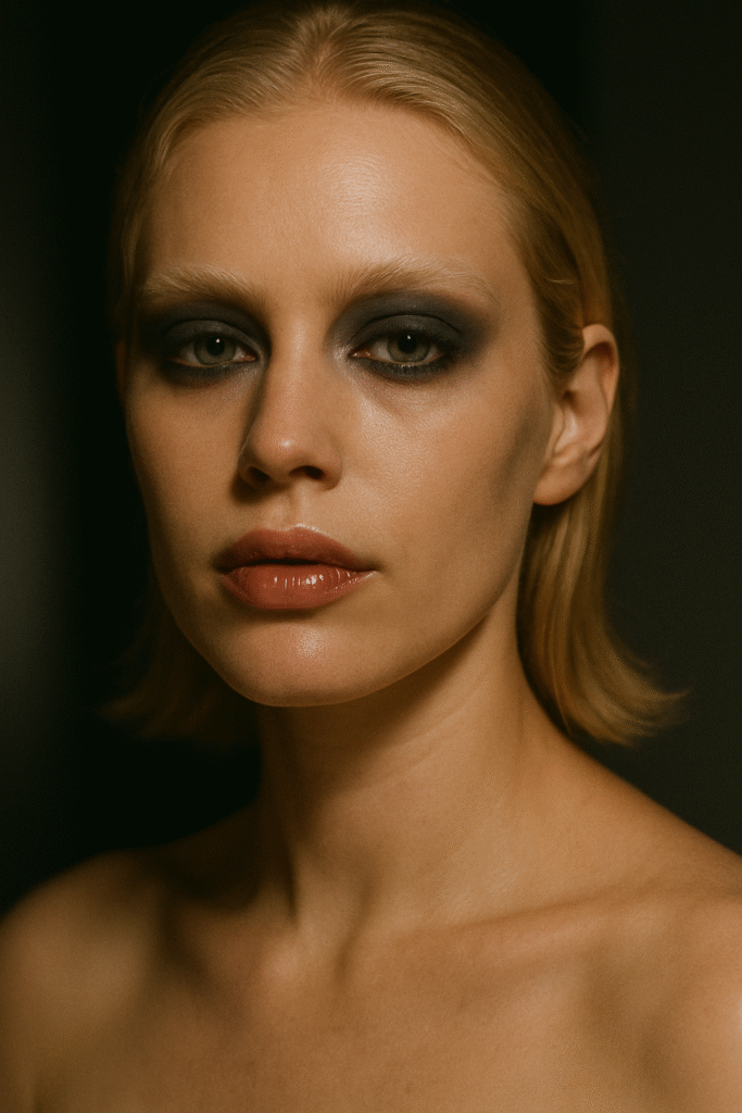 Everyday soft grunge makeup with kohl smoky eyeliner, bleached brows, and glossy nude lips, moody aesthetic style