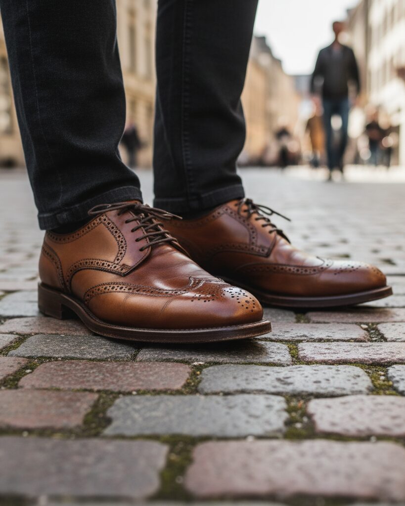 Close-up of timeless brown leather brogues on cobblestones, captured in natural daylight.