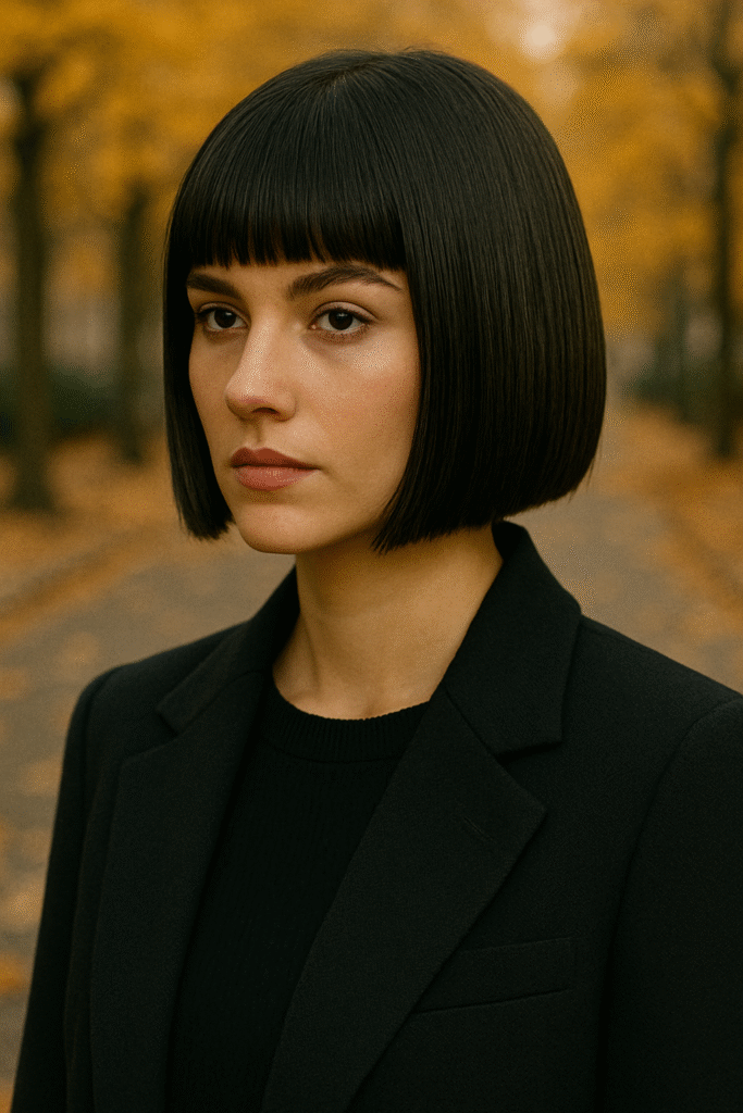 Blunt strong bob haircut with sleek straight strands and polished finish.