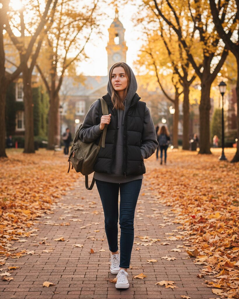 Student in cozy fall outfit with puffer vest layered over hoodie.