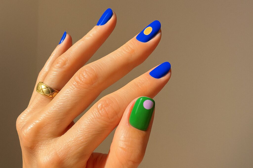 Colorful nails in green, pink, yellow, and blue with a Scandinavian Ikea-inspired vibe.