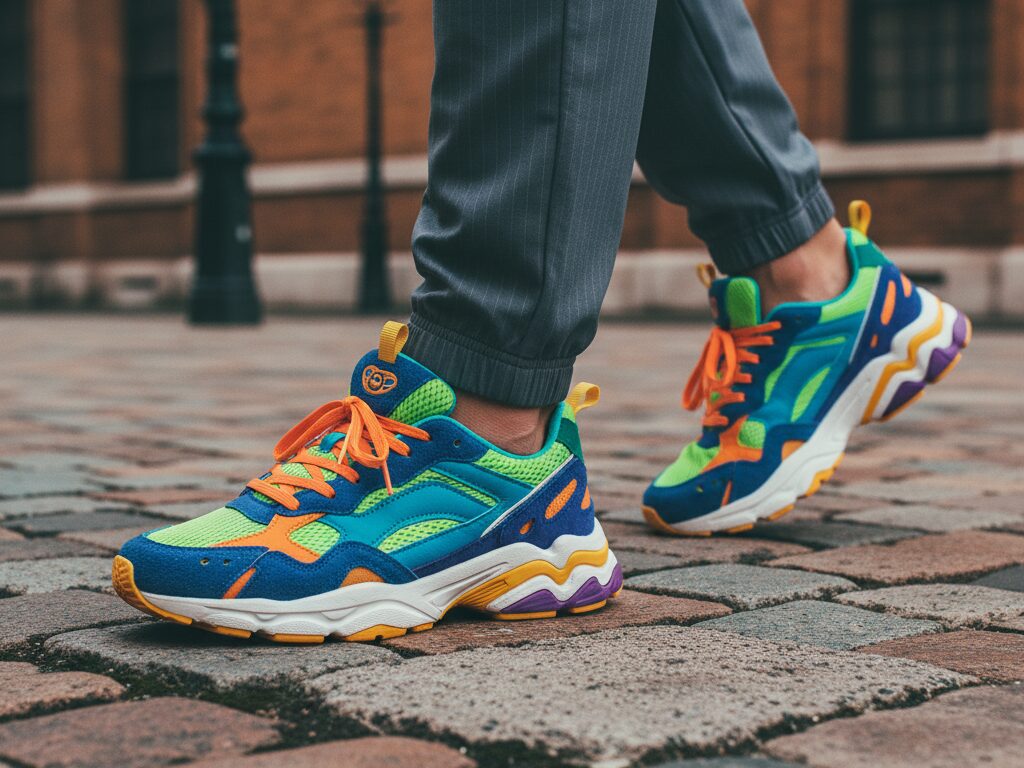 Cinematic retro fashion shot of colorful 90s-inspired running sneakers styled with joggers outdoors.