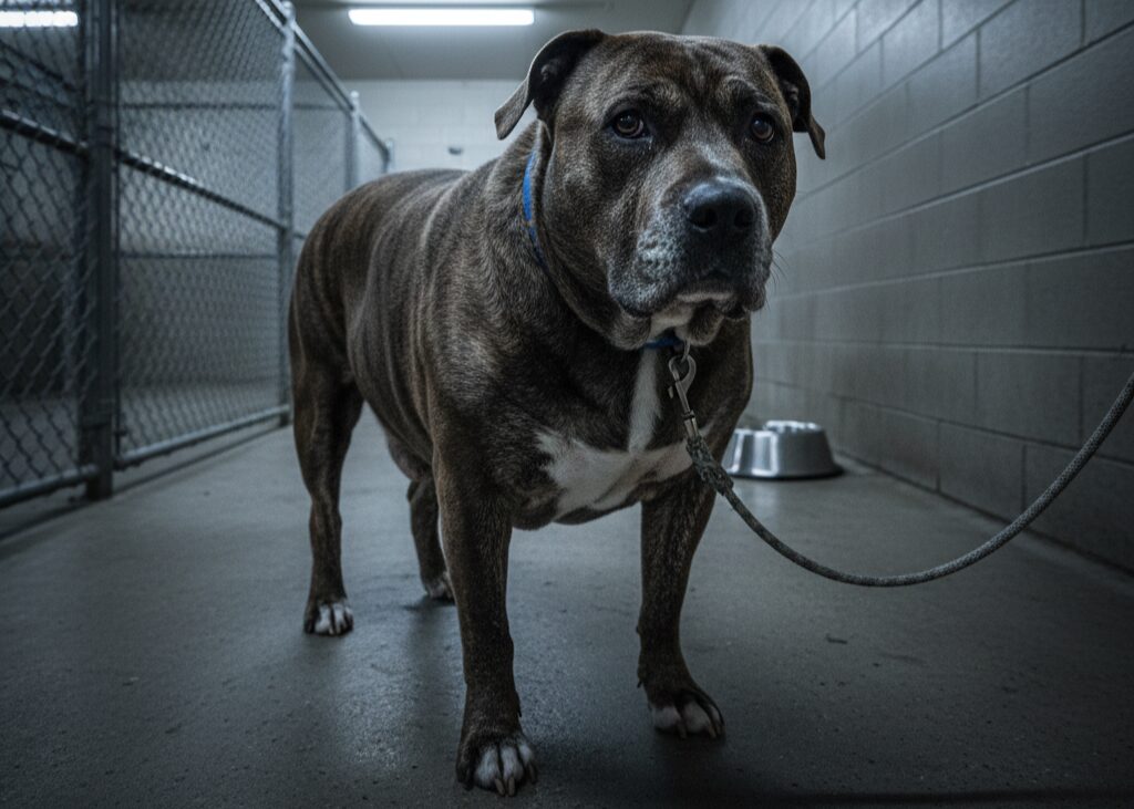 Overweight rescue dog Squishapotamus on arrival at Austin Pets Alive shelter.