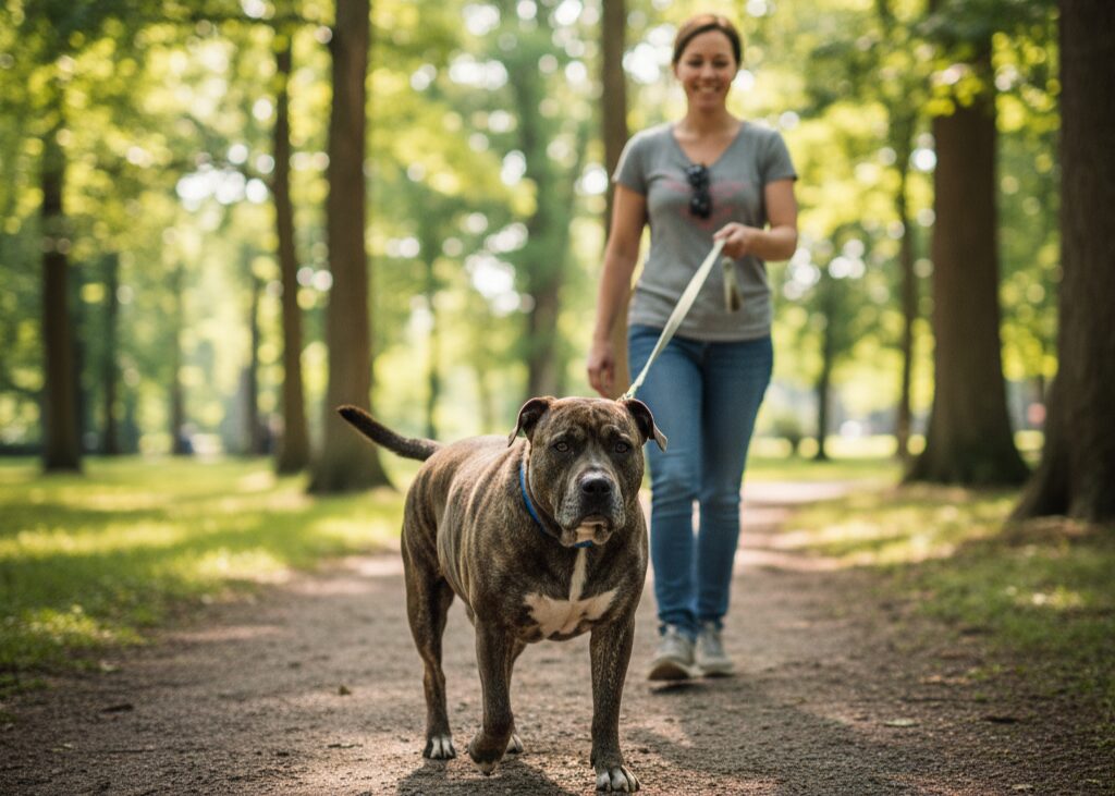 Rescue dog Squish walking outdoors after losing weight and gaining energy.