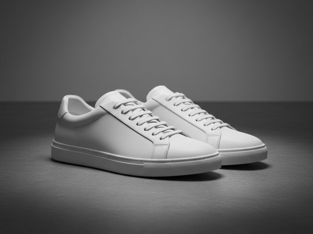 Ultra-realistic studio photo of minimalist white leather sneakers on a matte gray background with soft spotlight.