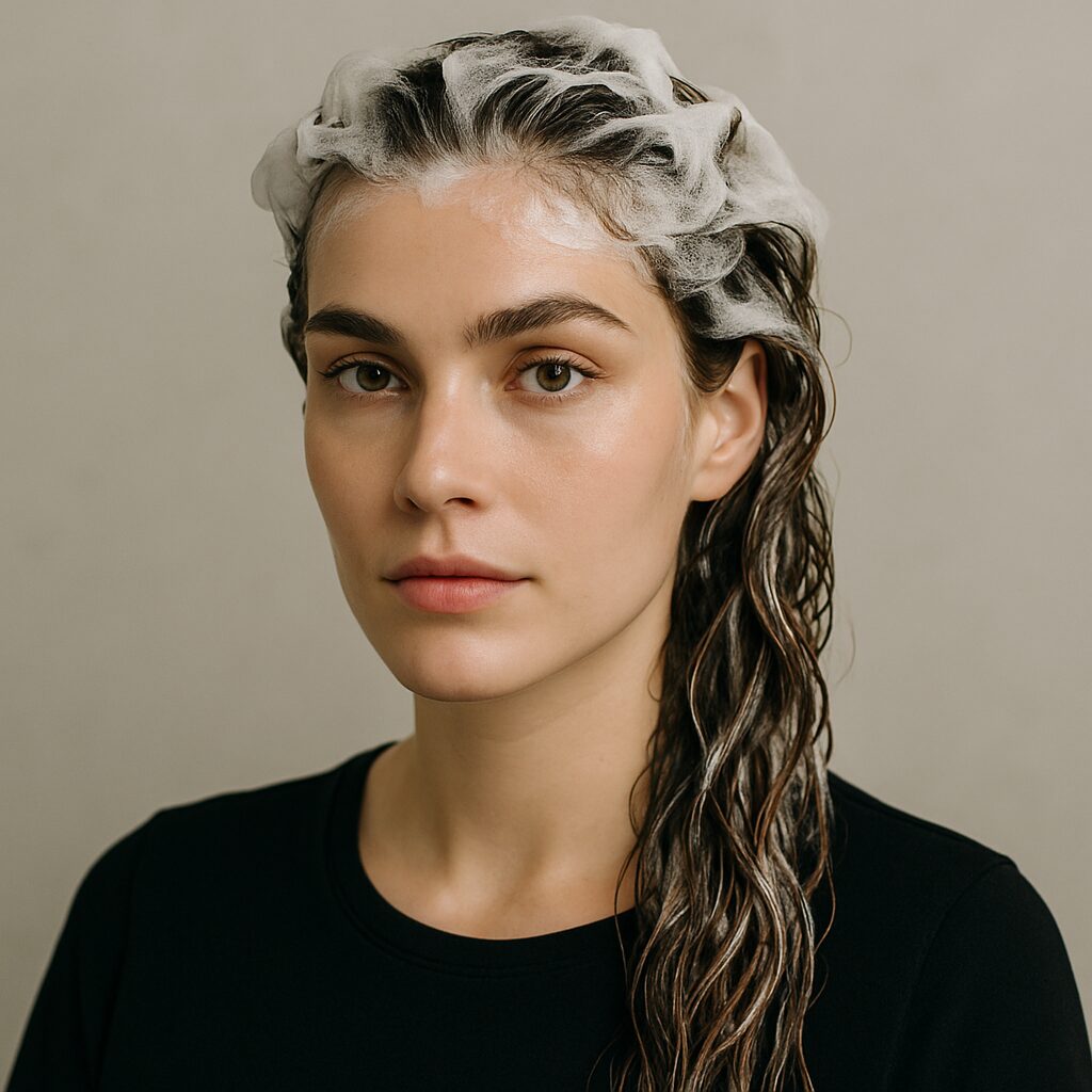 Woman washing long hair in shower to prepare for glass hair look.