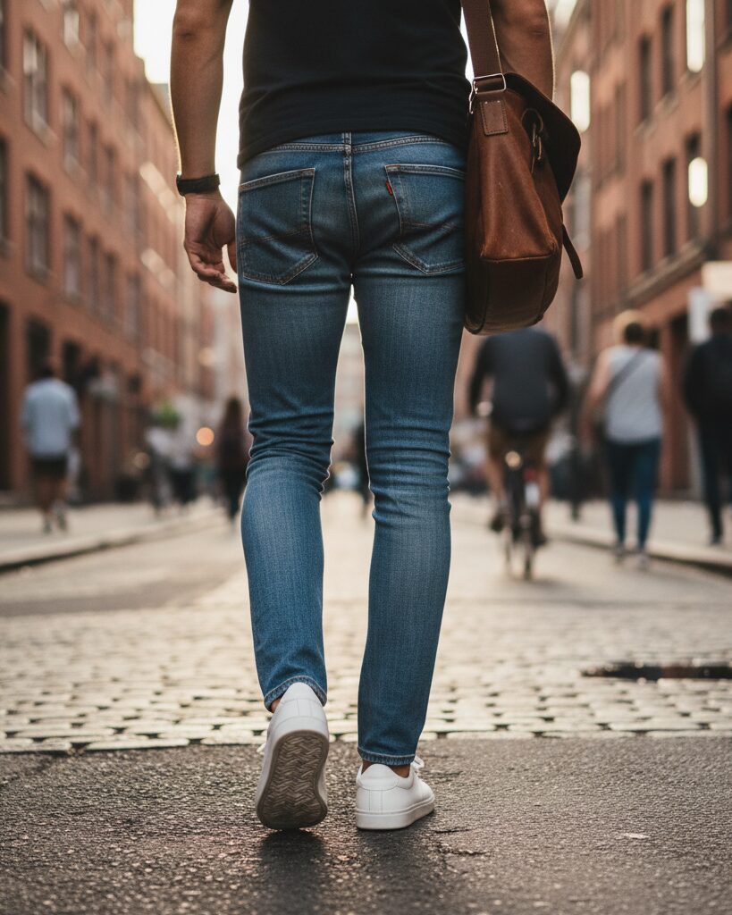 Back view of a man in slim raw denim jeans paired with sneakers, walking casually in an urban setting