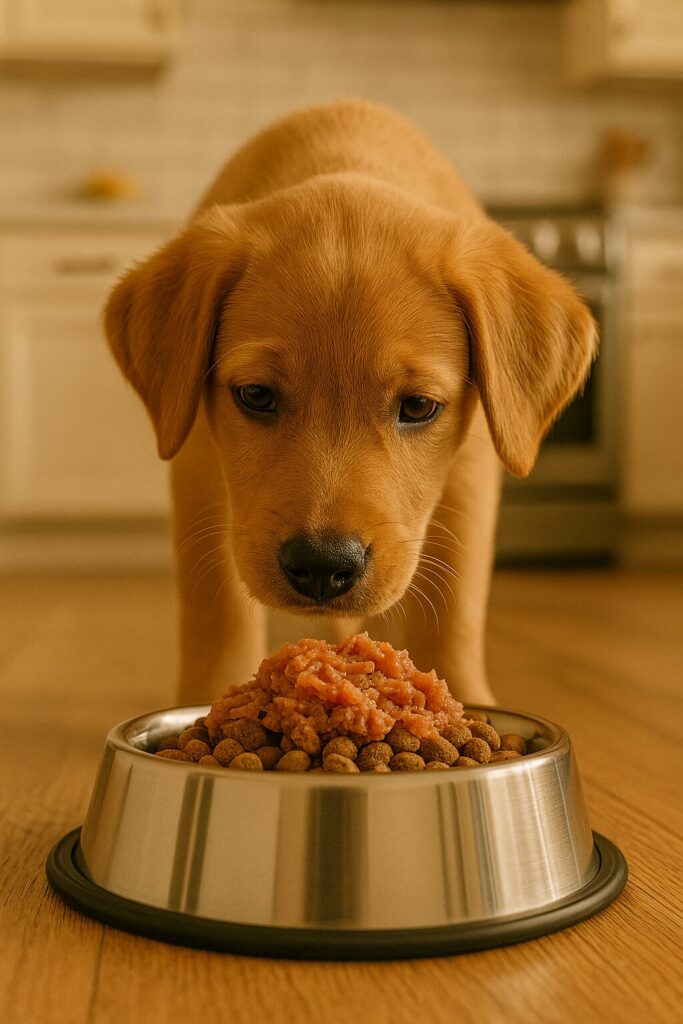 Puppy sniffing a food bowl with tasty food topper in a cozy modern kitchen.