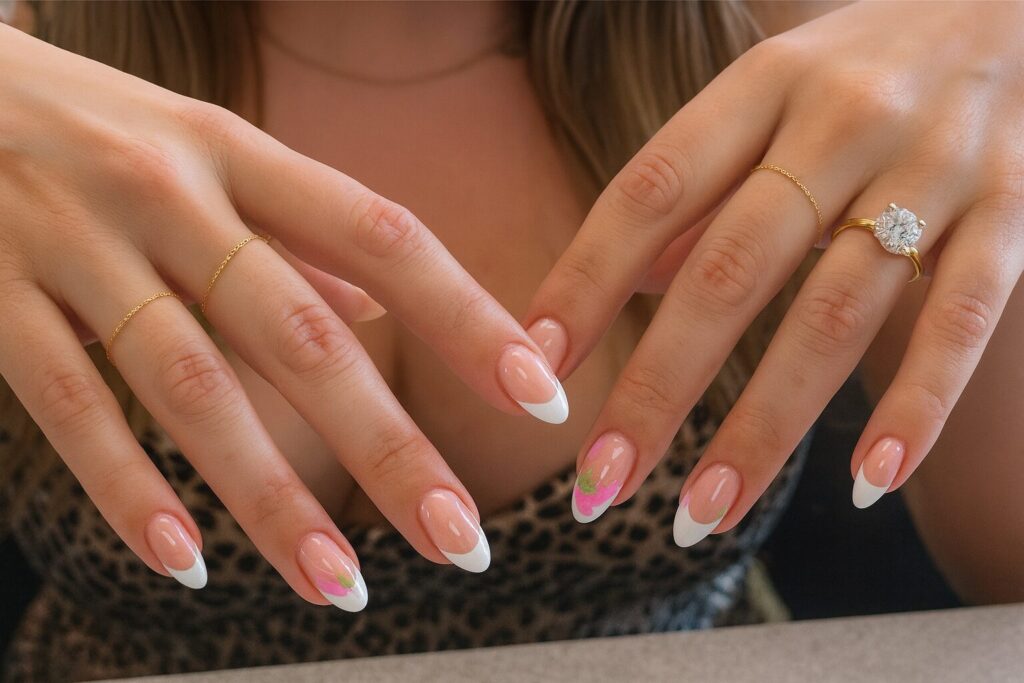 White French tip nails with pink glass cherry details and green stems, inspired by princess cake.