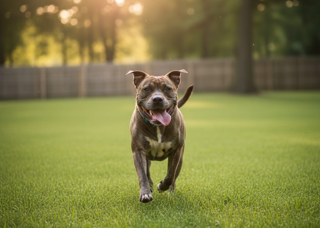 Rescue dog Squish playing outdoors, ready for adoption after weight loss.