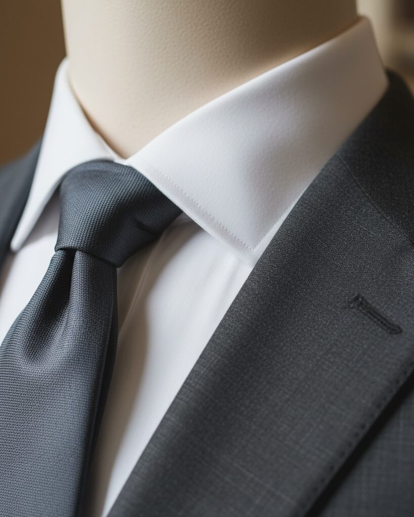 Close-up of crisp white shirt collar under a tailored jacket in natural light.