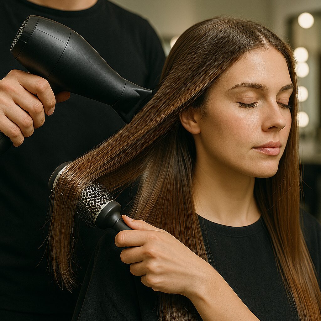 Woman blow drying hair smoothly with a round brush for glass hair prep.