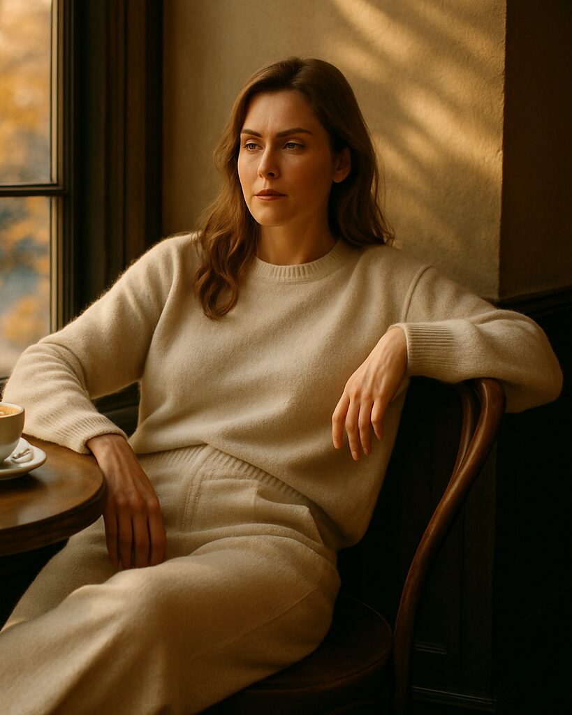 Woman in cream knit matching set sipping coffee at cozy fall café.