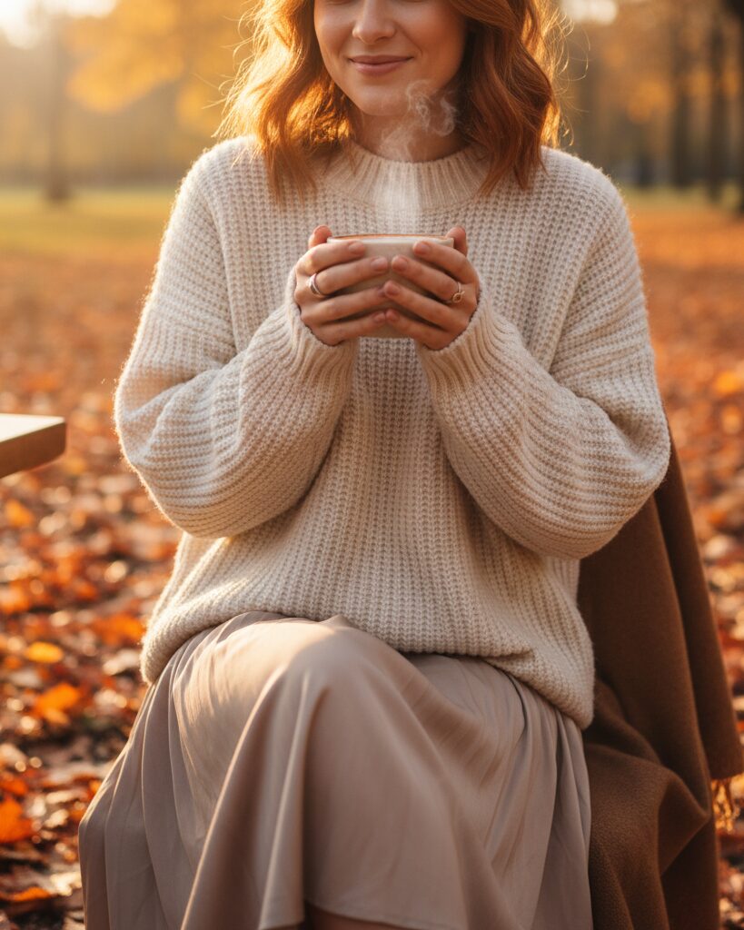 Woman in oversized knit sweater with midi skirt holding coffee on fall street.