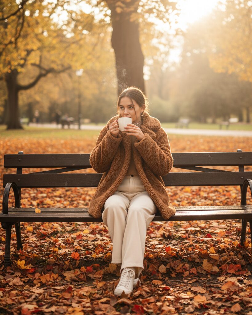 Woman in teddy coat with wide-leg pants enjoying coffee in fall park.