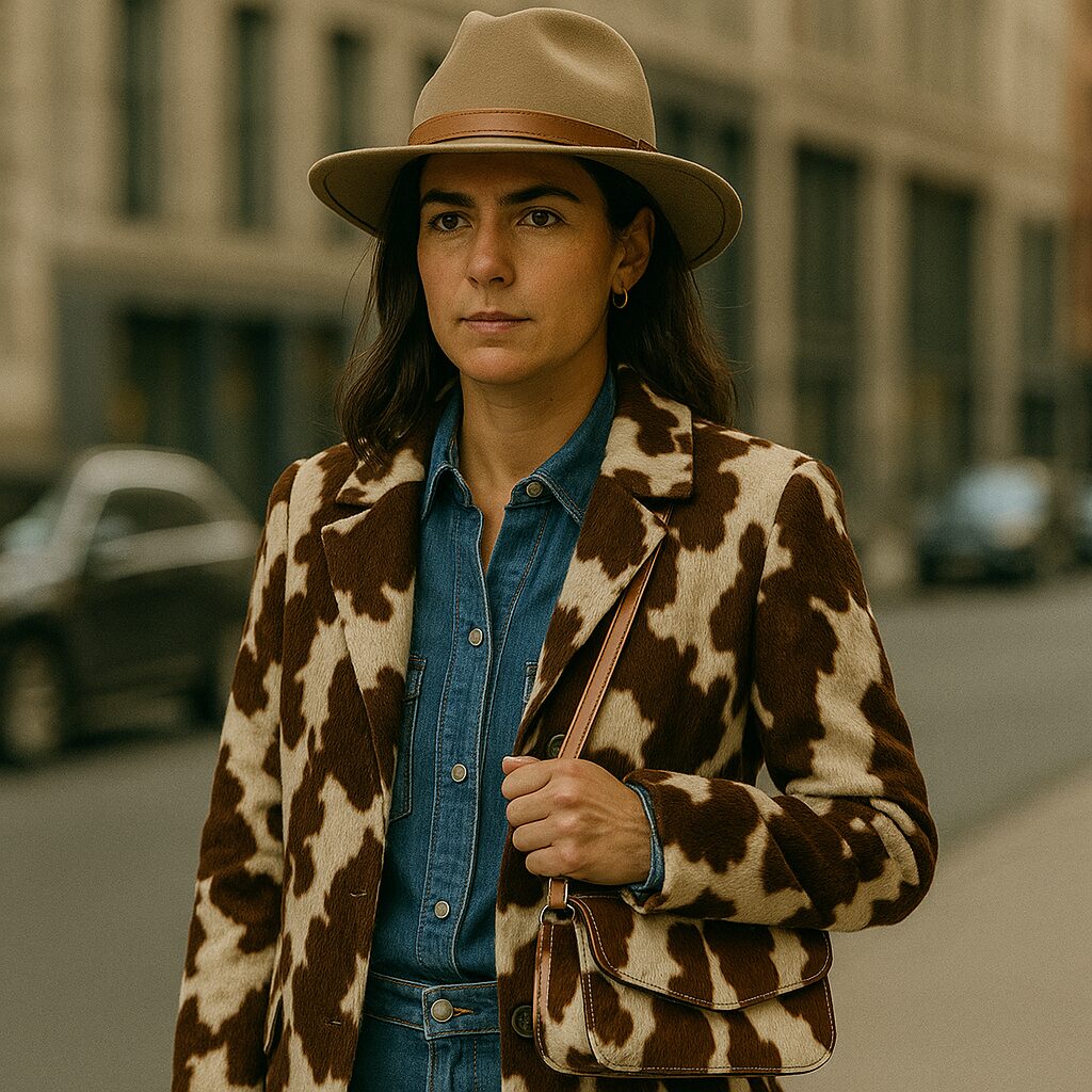 Woman wearing cow print outerwear with denim and neutral western accessories.