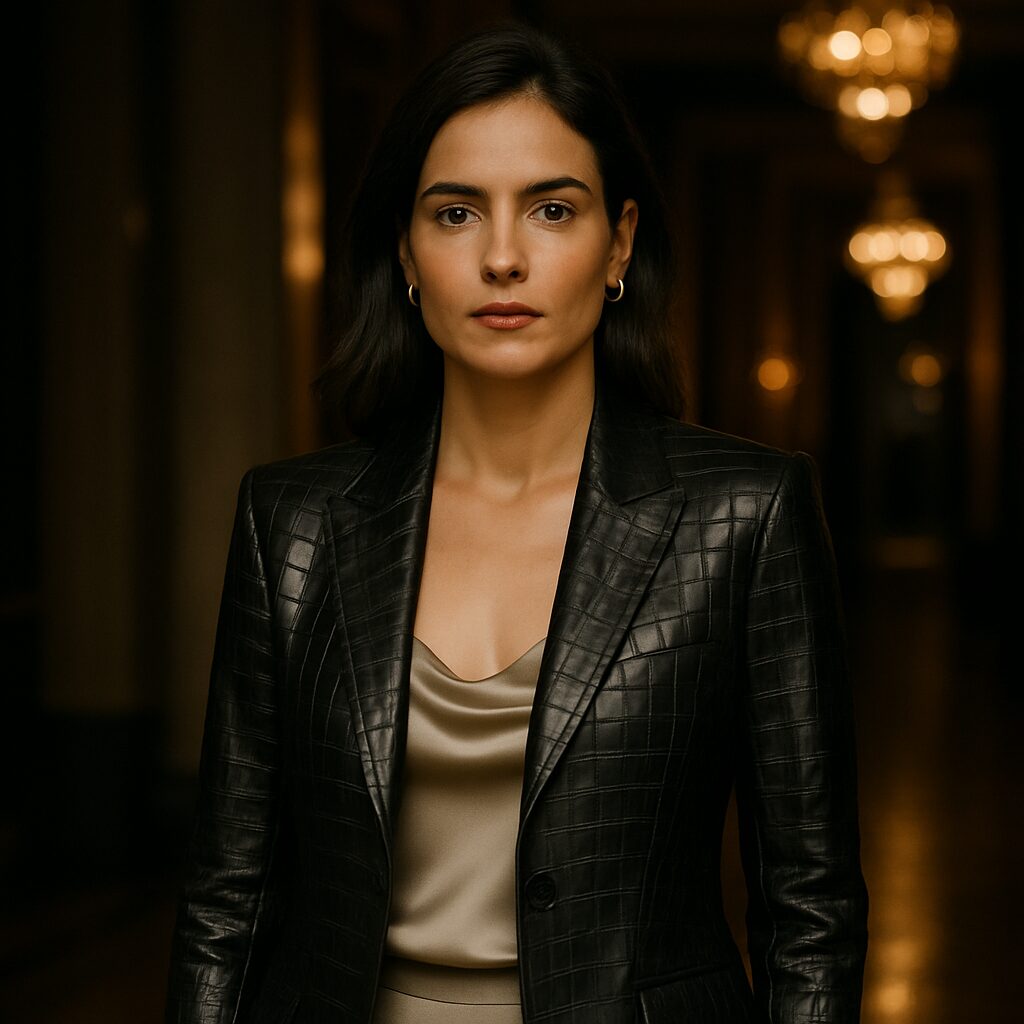 Woman wearing croc-embossed blazer styled over soft fabric dress in evening fashion setting.