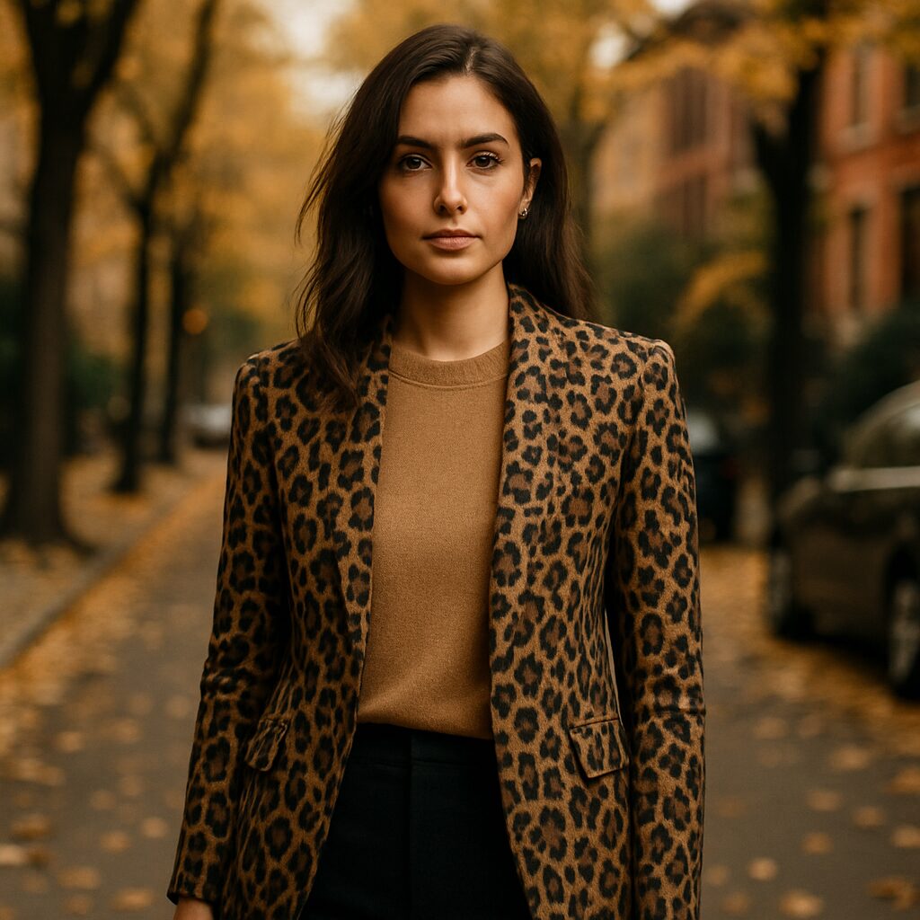 Woman wearing leopard print blazer styled over camel sweater and black pants in fall street style.