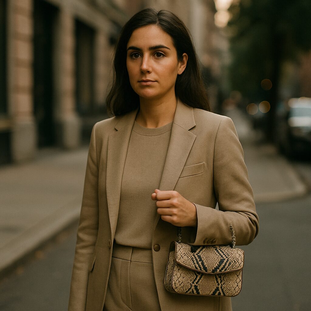 Woman wearing neutral clothing and carrying snakeskin bag in soft urban light.