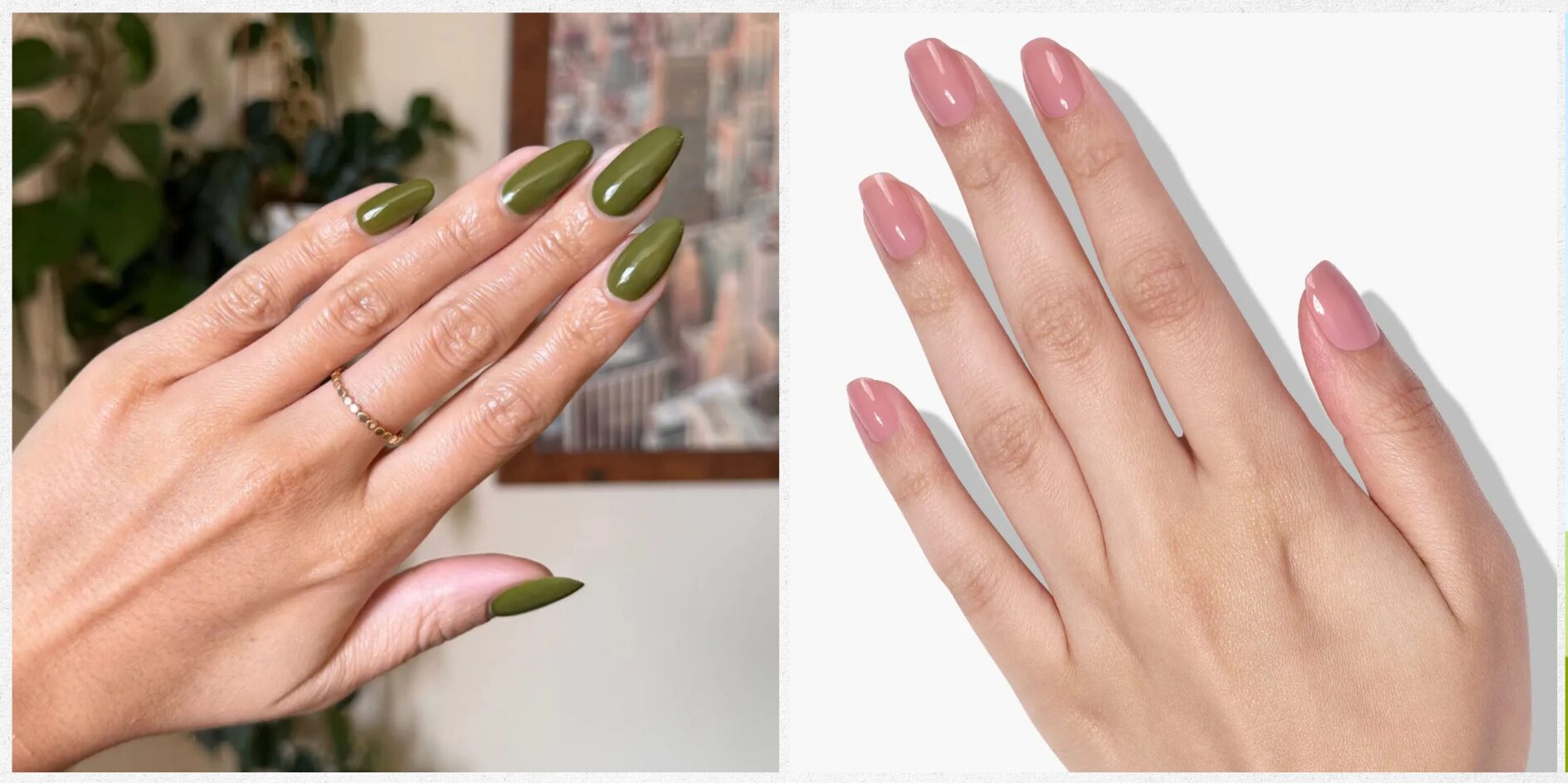 Assorted fall nail polish bottles in deep wine olive green and terracotta shades on autumn background
