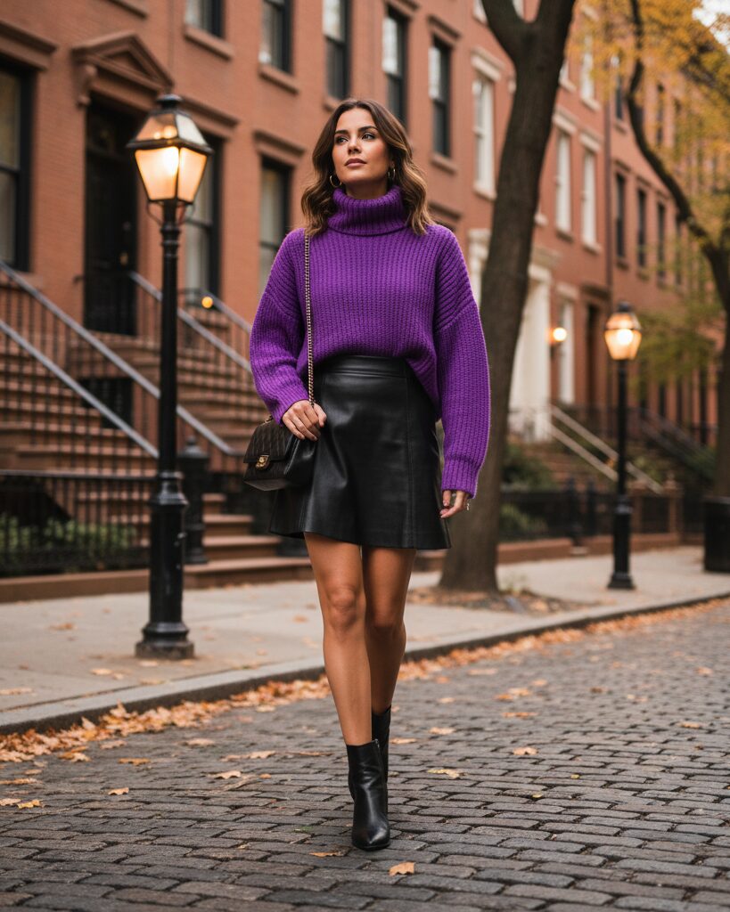 Chic fall look with a royal purple oversized sweater paired with a black leather skirt and boots, showcasing the regal color trend of 2025