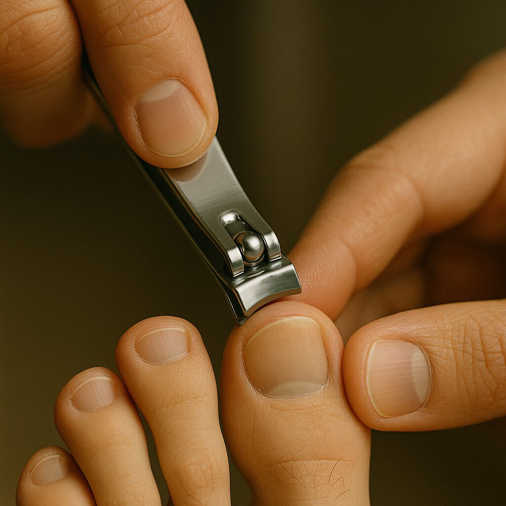 Close-up of toenail being trimmed straight across with clippers to prevent ingrown toenail, cinematic photo.