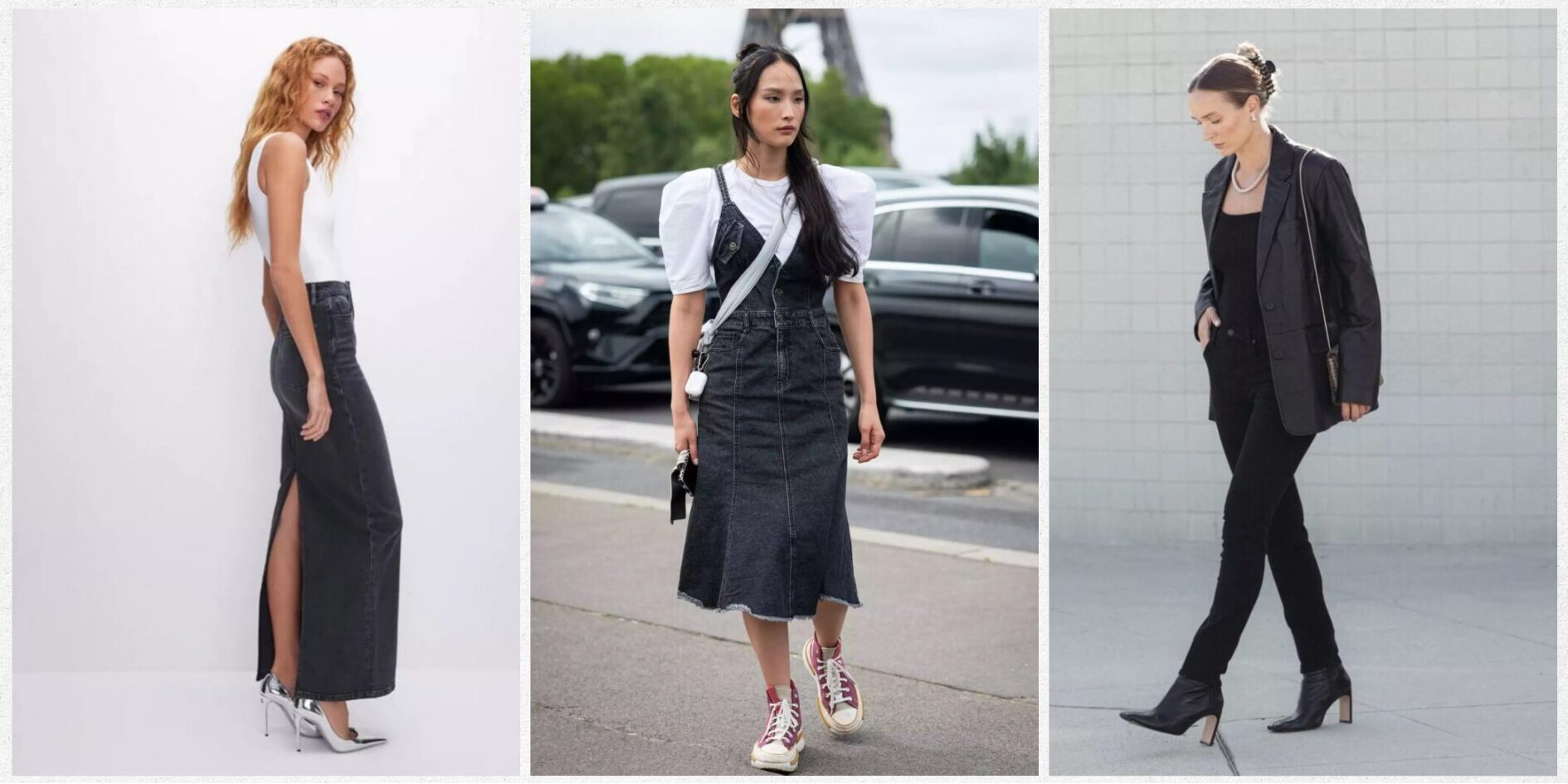 Flat lay of chic black denim outfits including jeans, jackets, skirts, and accessories styled for 2025 wardrobe inspiration.