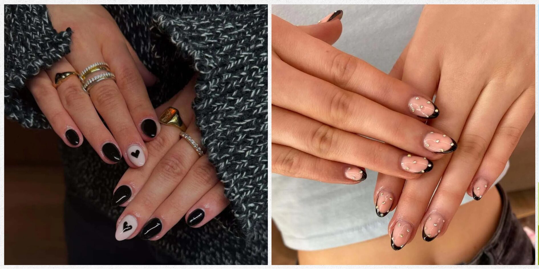 Flat lay of short nail designs for October featuring vampy hues French tips chrome accents oxblood polish and spooky Halloween nail art