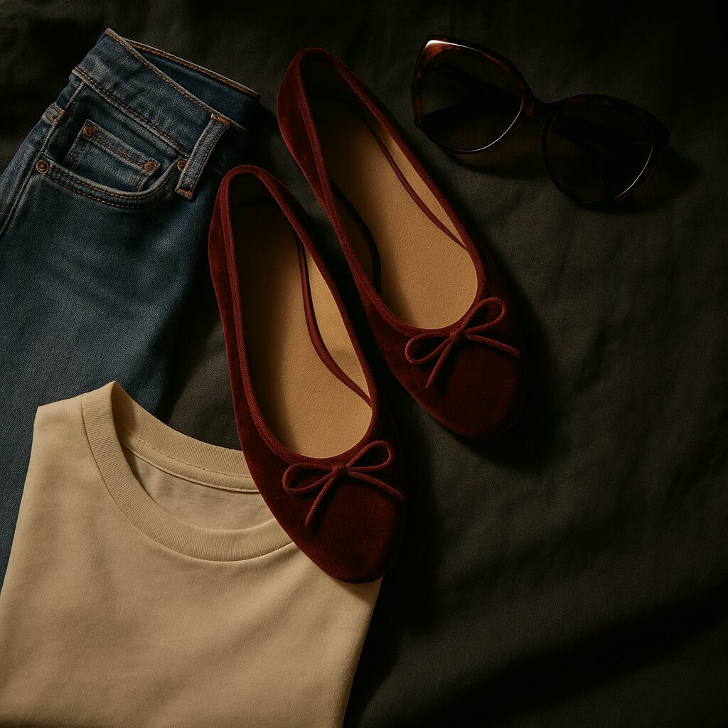 Flatlay of burgundy velvet flats styled with jeans and t-shirt for a casual weekend look