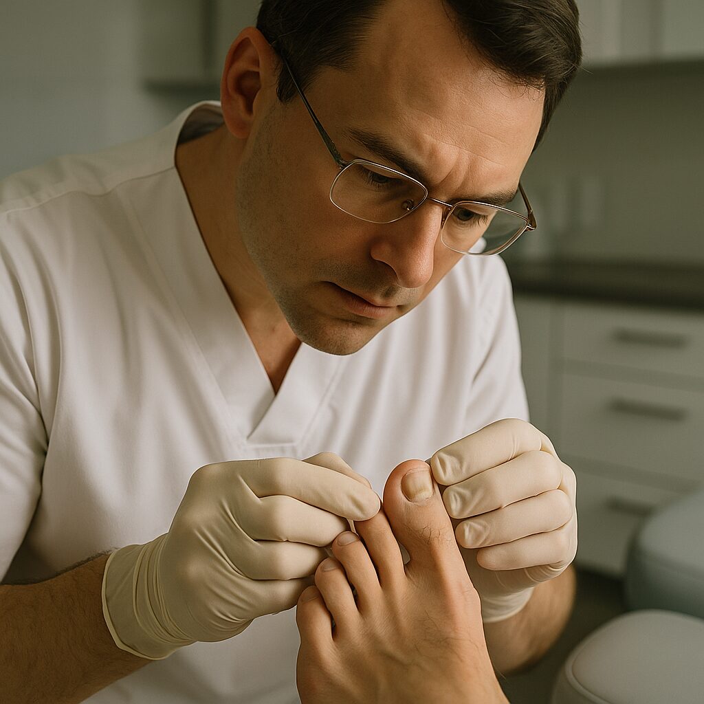 Podiatrist examining patient’s ingrown toenail in medical clinic, ultra-realistic cinematic lighting.
