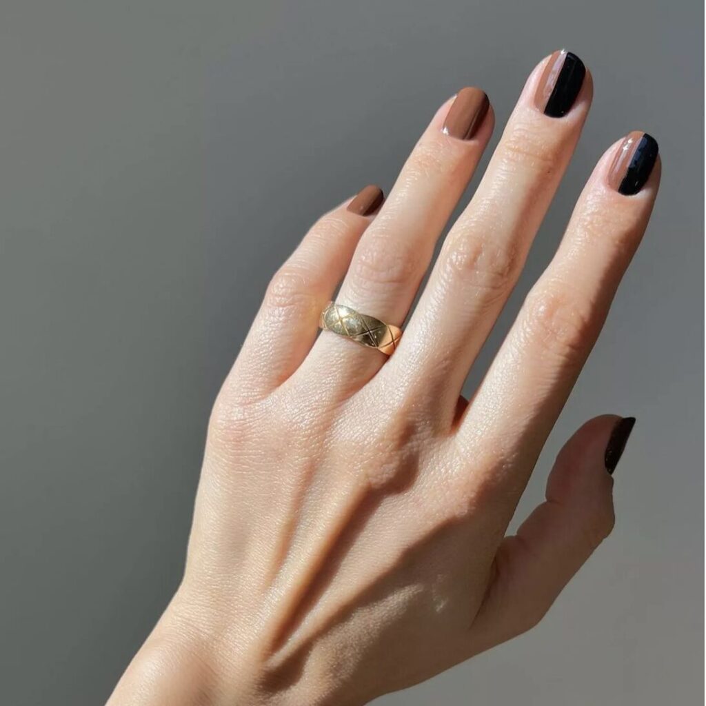 Multi-tone espresso nail look combining caramel, mocha, and chocolate shades on alternating nails.