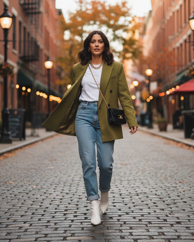 Street style fall outfit featuring a chartreuse handbag styled with jeans and a neutral top, highlighting the bold citrusy color trend of 2025.